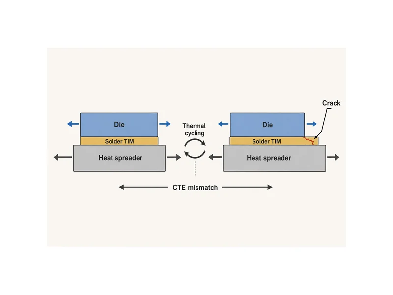 Solder thermal interface material cracking from CTE mismatch under thermal cycling between die and heat spreader