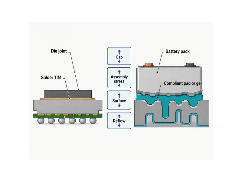 Selecting thermal interface material by gap, assembly stress, and surface from a die joint to a battery pack