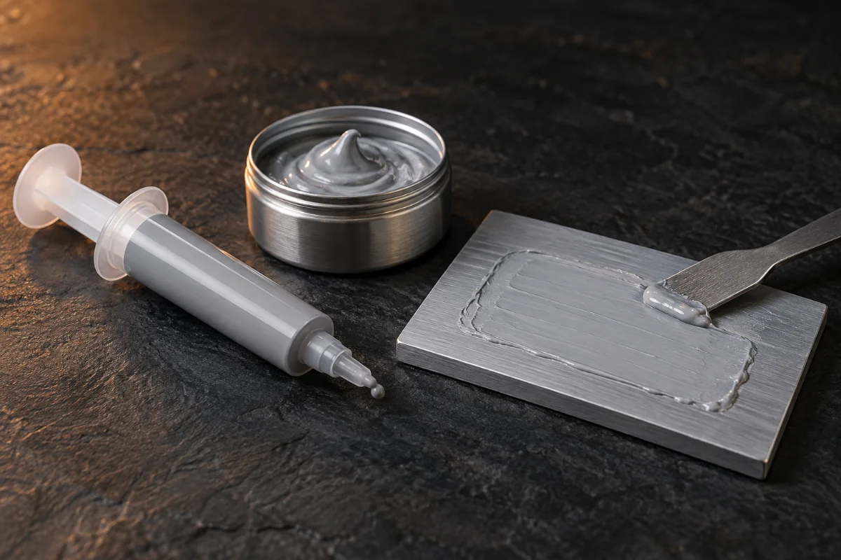 Syringe and open tin of gray thermal grease beside an aluminum plate with a thin spread layer and a spatula