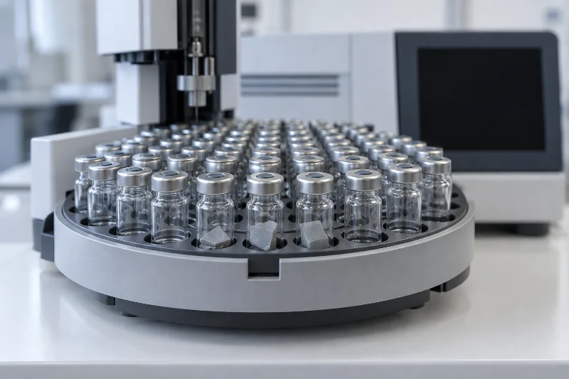 Gaschromatographen-Autosampler mit Vials mit ausgehärteten Silikonproben zur Siloxananalyse