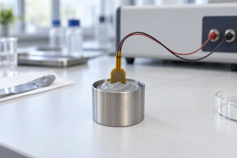 Transient plane source sensor on a sample cup of thermal grease, wired to a thermal conductivity analyzer