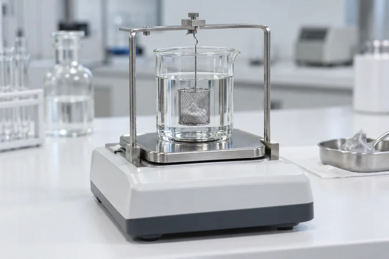 Analytical balance with a density kit weighing a grease sample immersed in liquid