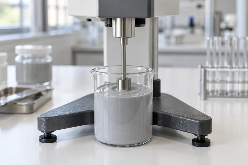 Rotational viscometer spindle lowered into a beaker of gray thermal grease