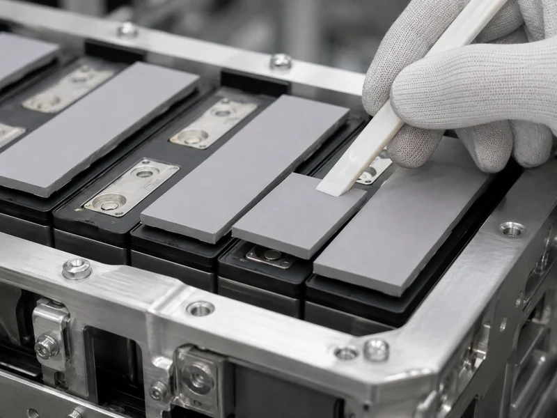Thermal interface material comparison for battery packs with pre-cut gap pads placed on prismatic cells to bridge the tolerance stack-up to the cold plate.