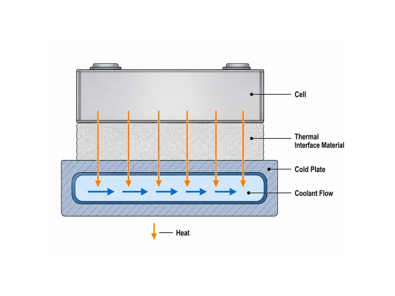 Cell-to-coolant heat path showing thermal interface material filling the gap between cell and cold plate in pack assembly