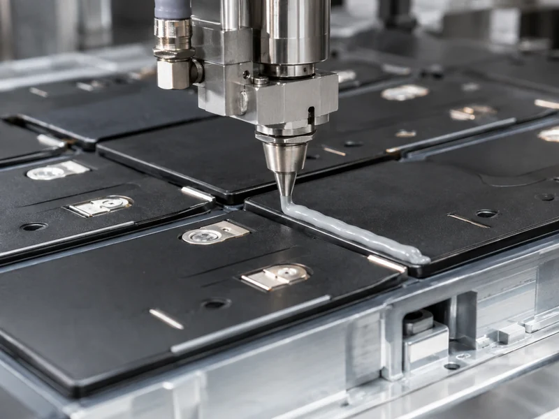 Thermal interface material comparison in production: an automated nozzle dispensing a two-part gap filler onto a battery module before cold-plate assembly.