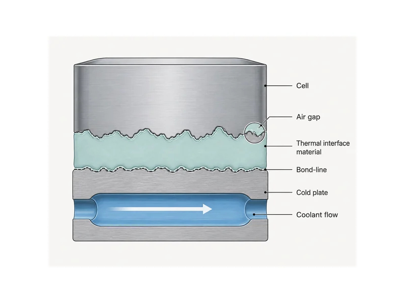 Thermal interface material comparison diagram of the cell-to-coolant heat path, showing a conformable TIM closing the air gap and bond-line to a cold plate.