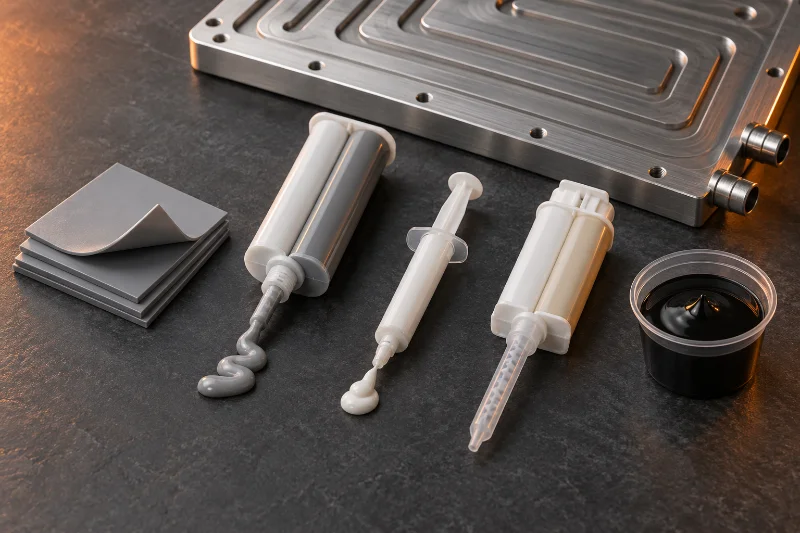 Thermal conductive pad, gel, grease, structural adhesive cartridge and potting compound arranged beside an aluminum cold plate