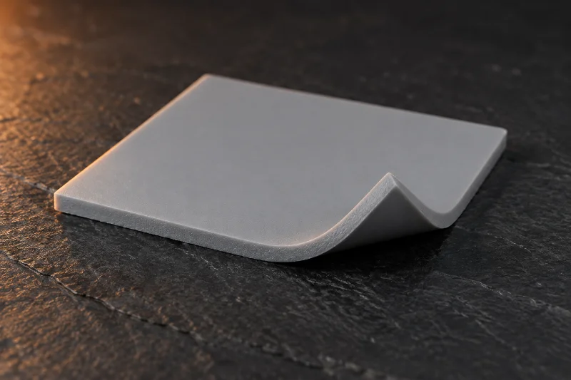 Bare silicone thermal pad with a corner turned up, showing a uniform cut edge with no reinforcement layer
