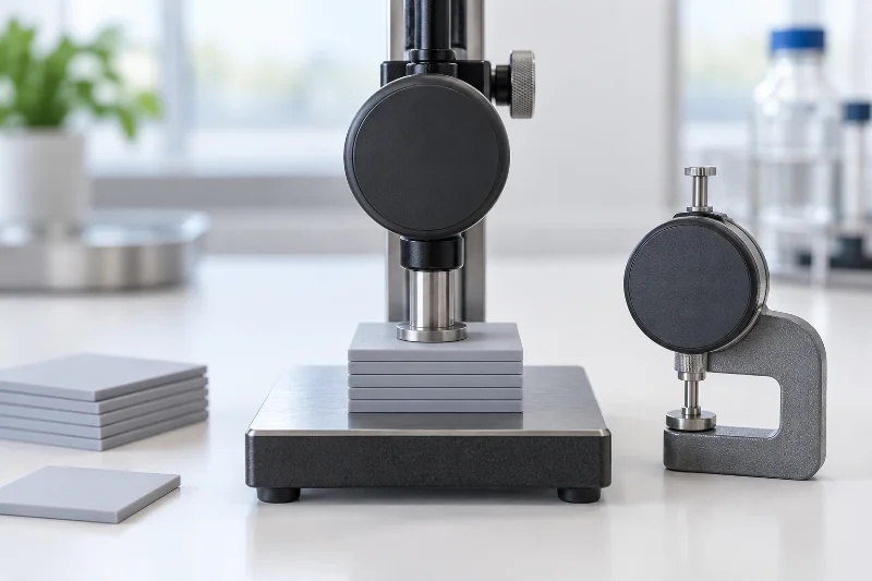 Shore durometer on a test stand pressing onto a stack of thermal pad samples, with a thickness gauge beside it
