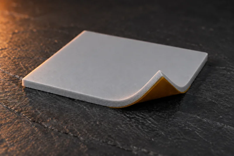 Silicone thermal pad with an amber polyimide film on its underside, shown at a turned-up corner