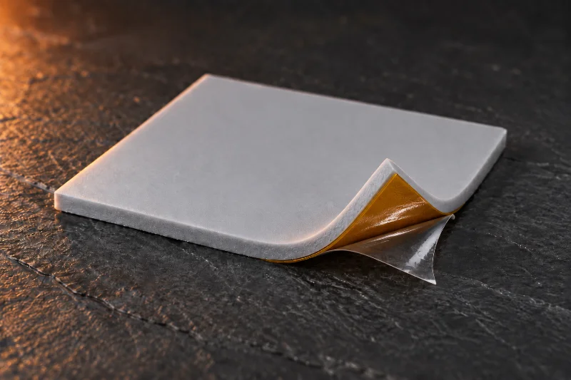 Silicone thermal pad with polyimide tape and an adhesive backing, the release liner partly peeled back