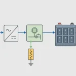 Wind turbine battery storage system wiring diagram tracing the rectifier, charge controller, dump load, and battery bank as one chain